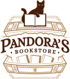 A logo for pandora 's bookstore with a cat on top of a book
